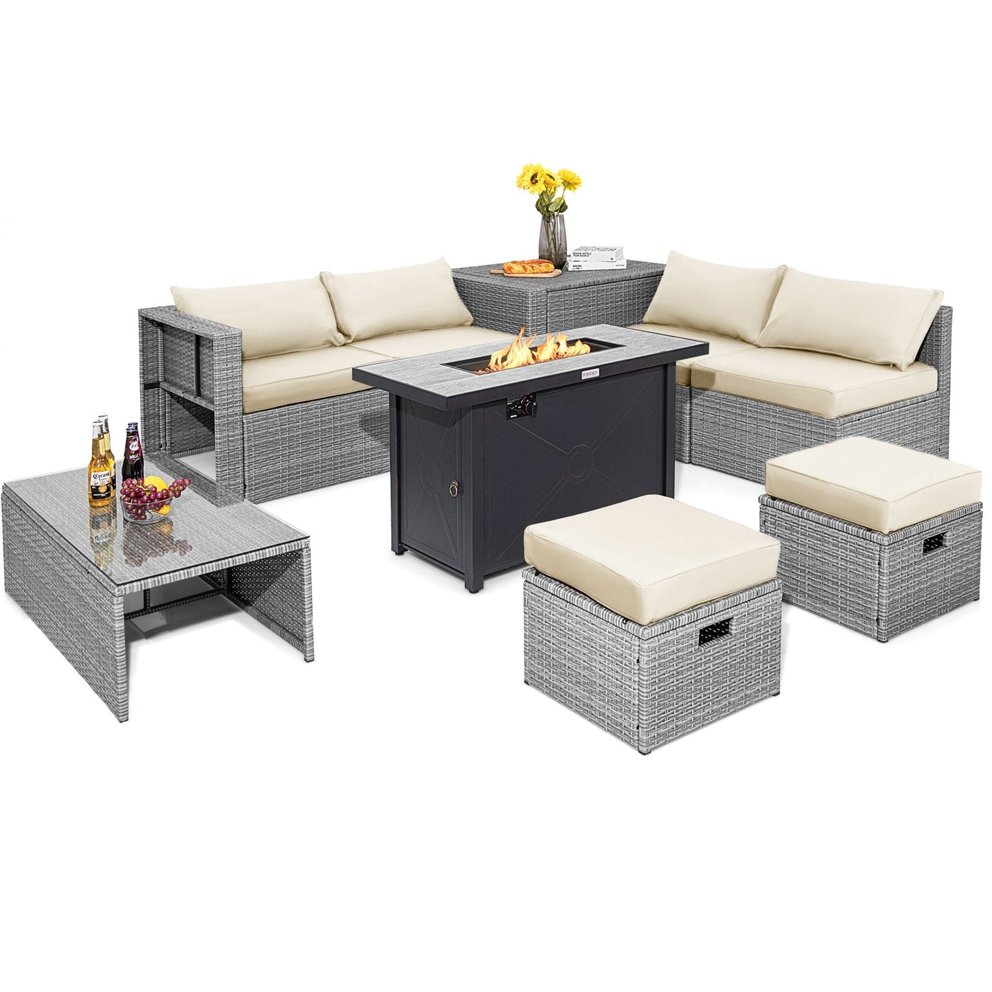 9 Piece Patio Furniture Set with 42" Fire Pit