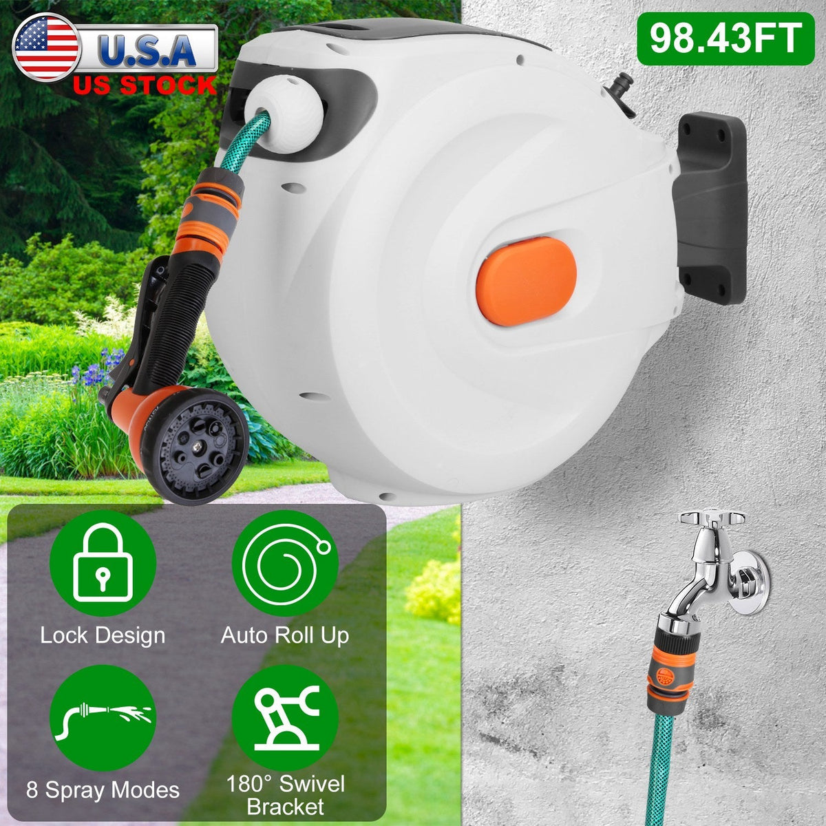 Retractable Garden Hose Reel Wall Mounted Automatic Water Hose Reel with Any Length Lock 8 Pattern Spraying Modes 180¡ Swivel Bracket
