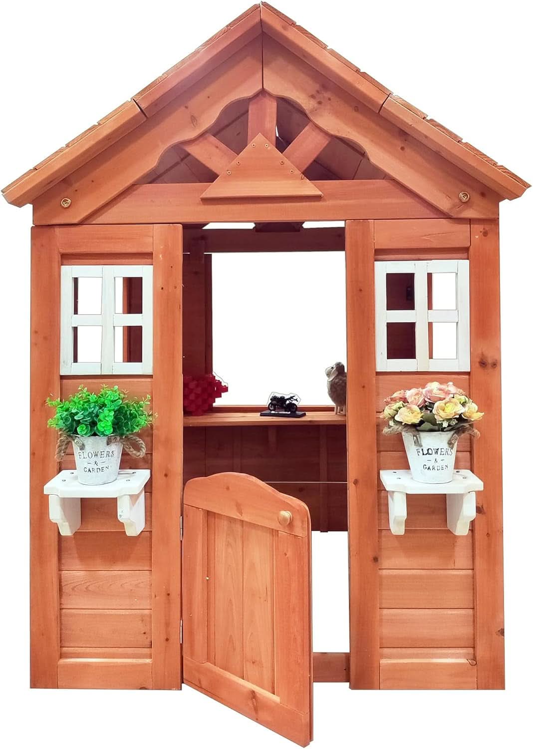 Wooden Outdoor Playhouse With Two Windows & Flowerpot