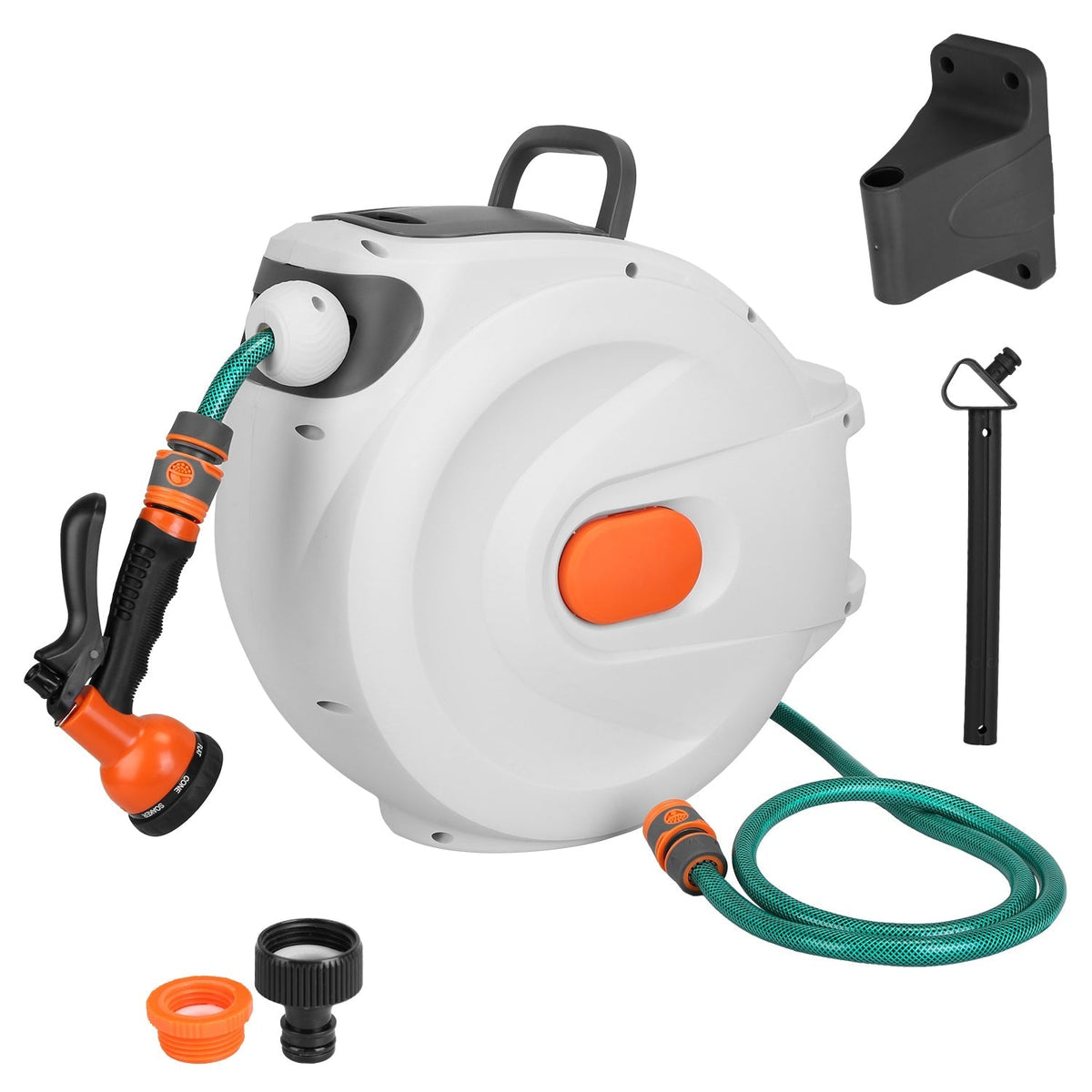 Retractable Garden Hose Reel Wall Mounted Automatic Water Hose Reel with Any Length Lock 8 Pattern Spraying Modes 180¡ Swivel Bracket
