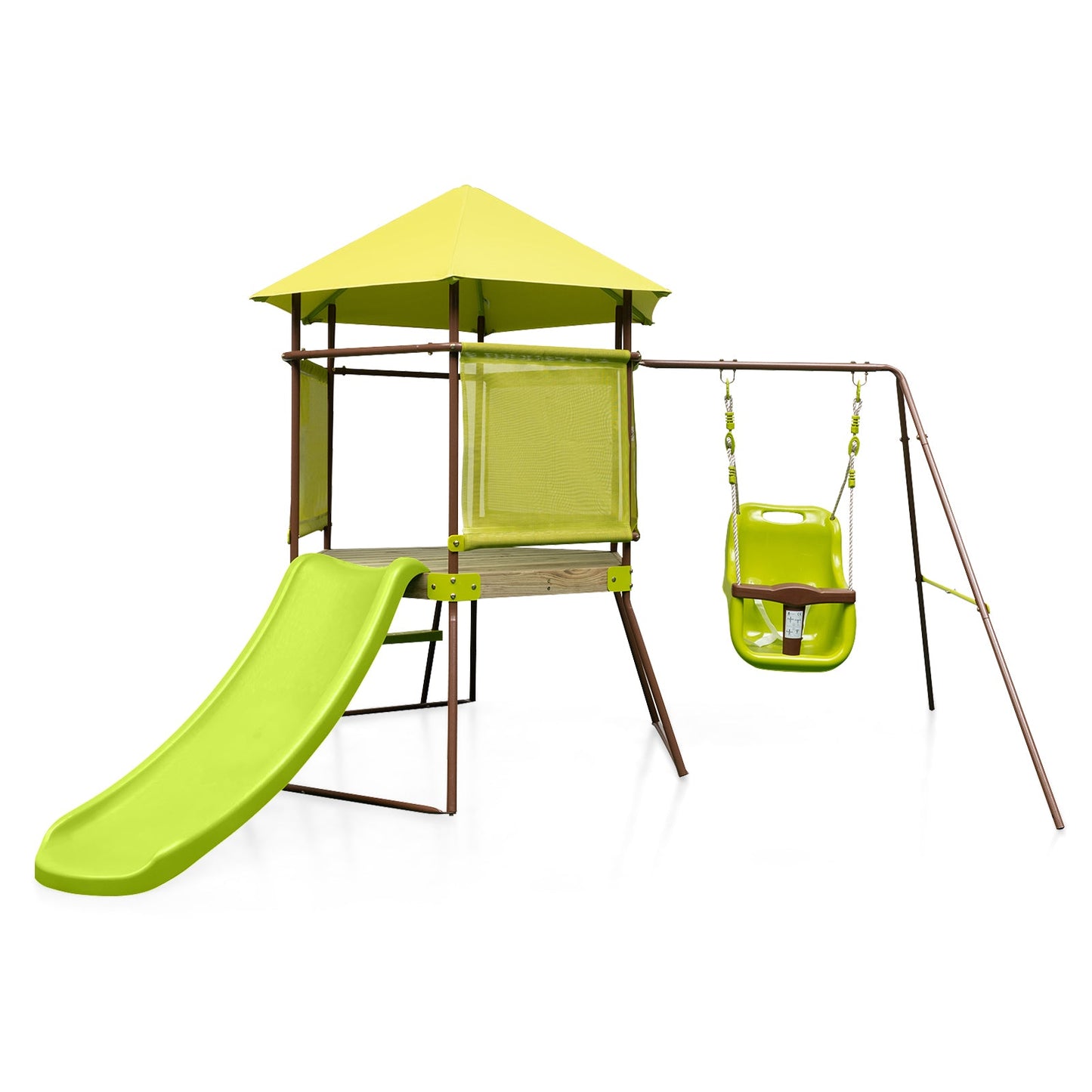 Ultimate 4-in-1 Swing Set with Covered Playhouse Fort and Height Adjustable Baby Seat