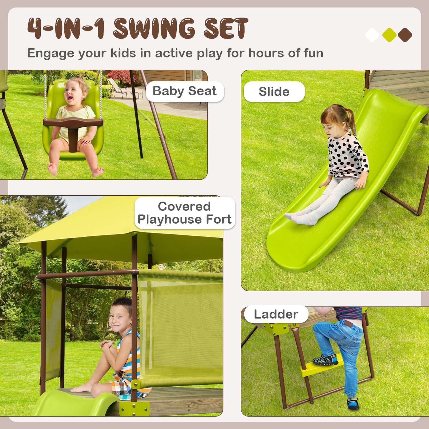 Ultimate 4-in-1 Swing Set with Covered Playhouse Fort and Height Adjustable Baby Seat