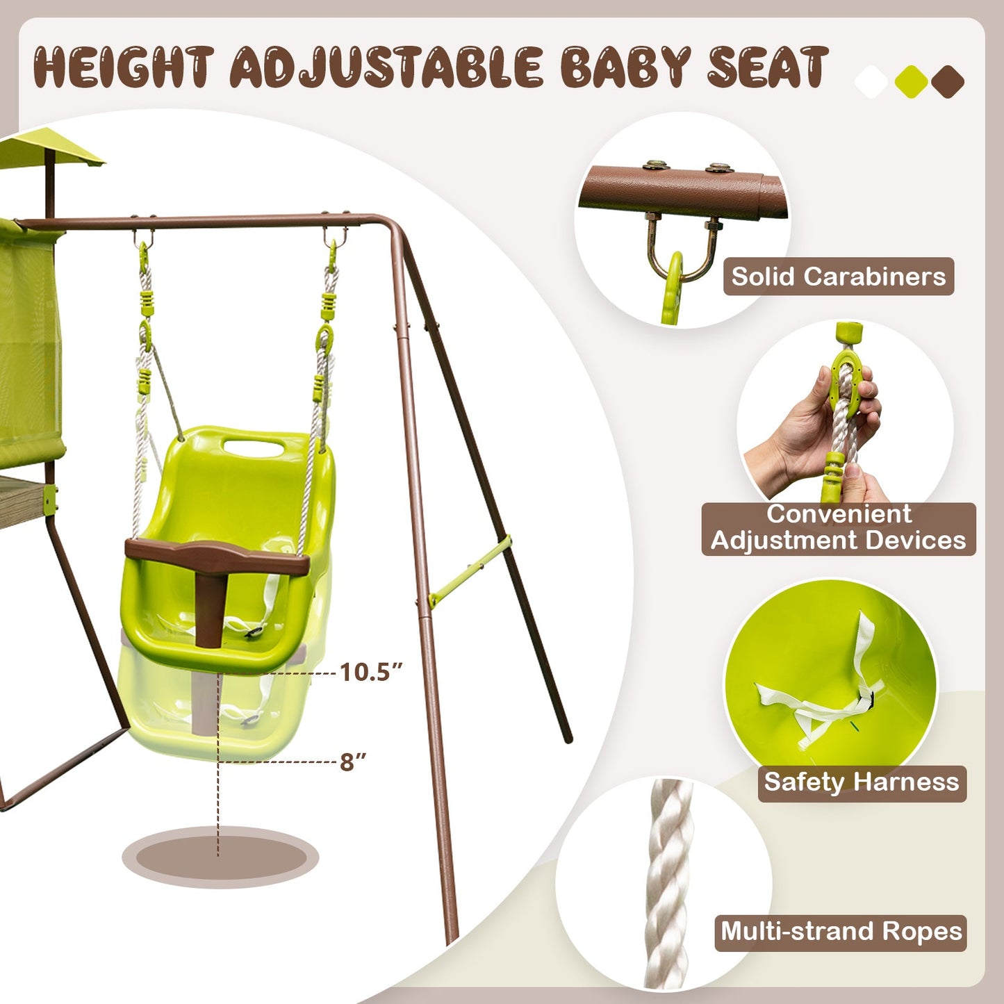 Ultimate 4-in-1 Swing Set with Covered Playhouse Fort and Height Adjustable Baby Seat