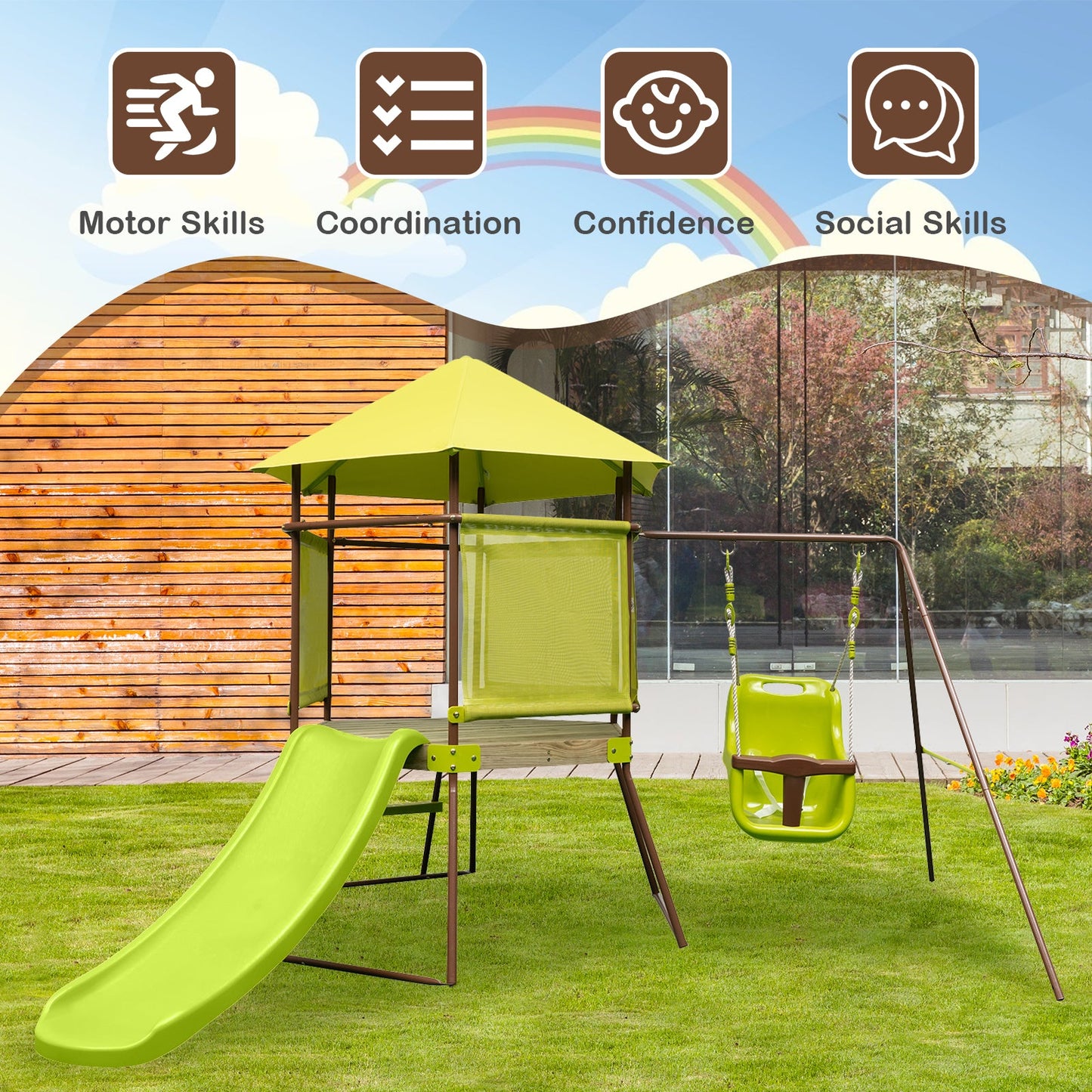 Ultimate 4-in-1 Swing Set with Covered Playhouse Fort and Height Adjustable Baby Seat