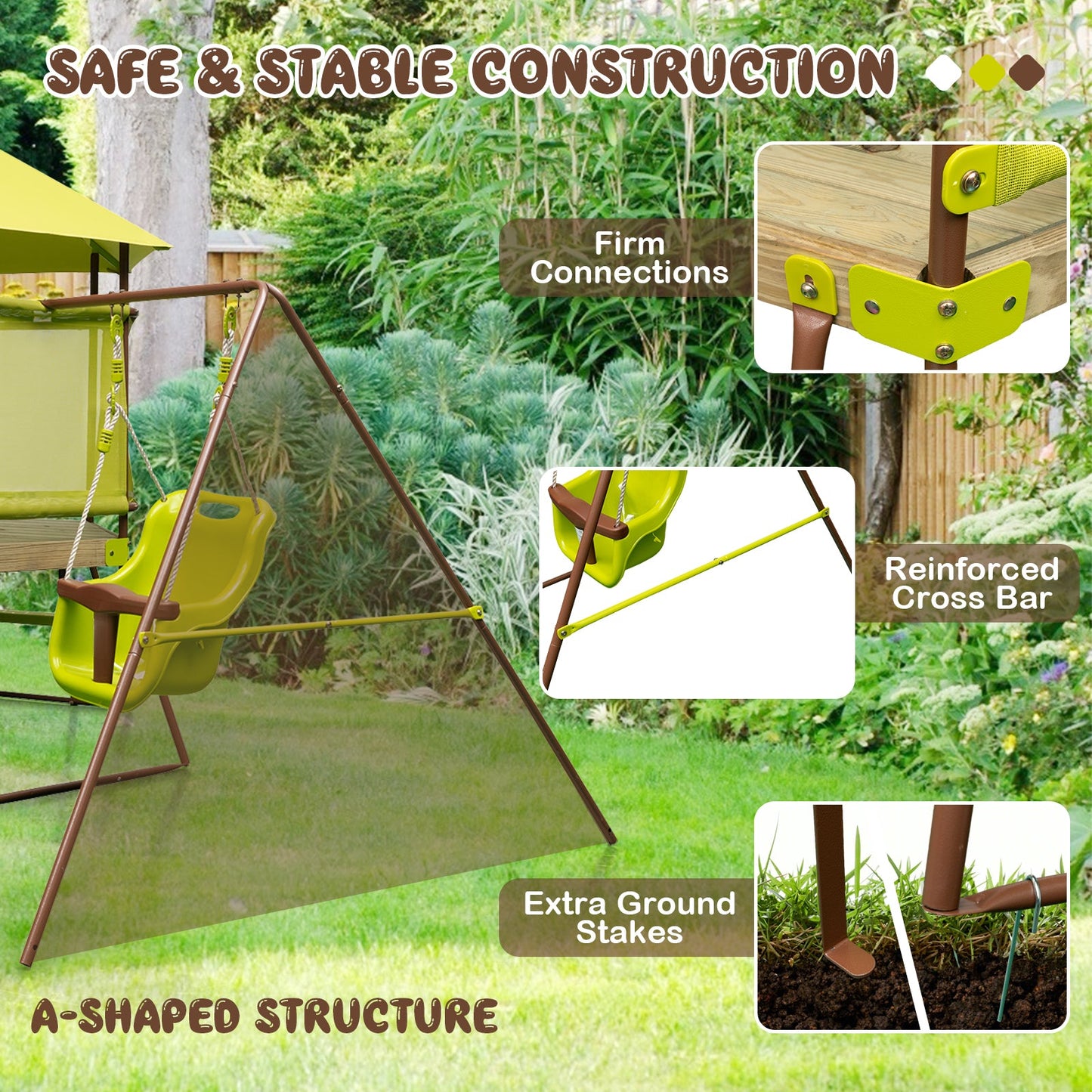 Ultimate 4-in-1 Swing Set with Covered Playhouse Fort and Height Adjustable Baby Seat