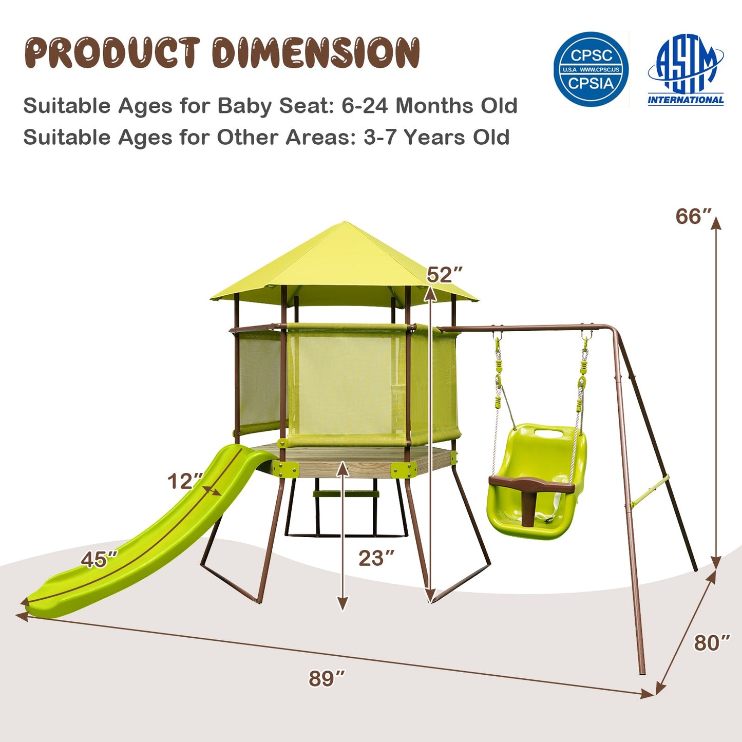 Ultimate 4-in-1 Swing Set with Covered Playhouse Fort and Height Adjustable Baby Seat