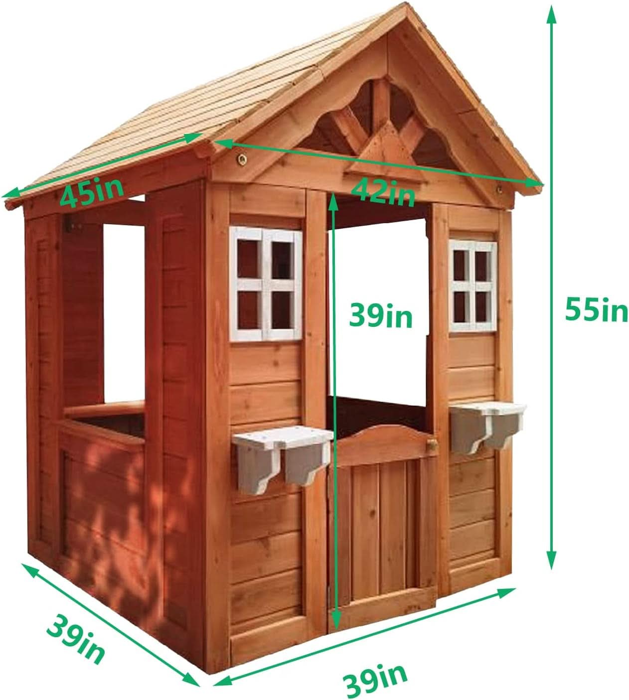 Wooden Outdoor Playhouse With Two Windows & Flowerpot