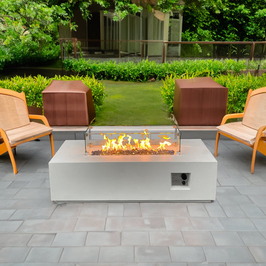 52 Inch Outdoor Concrete Propane gas rectangle Fire Pit table in Antique white color Backyard Radiance