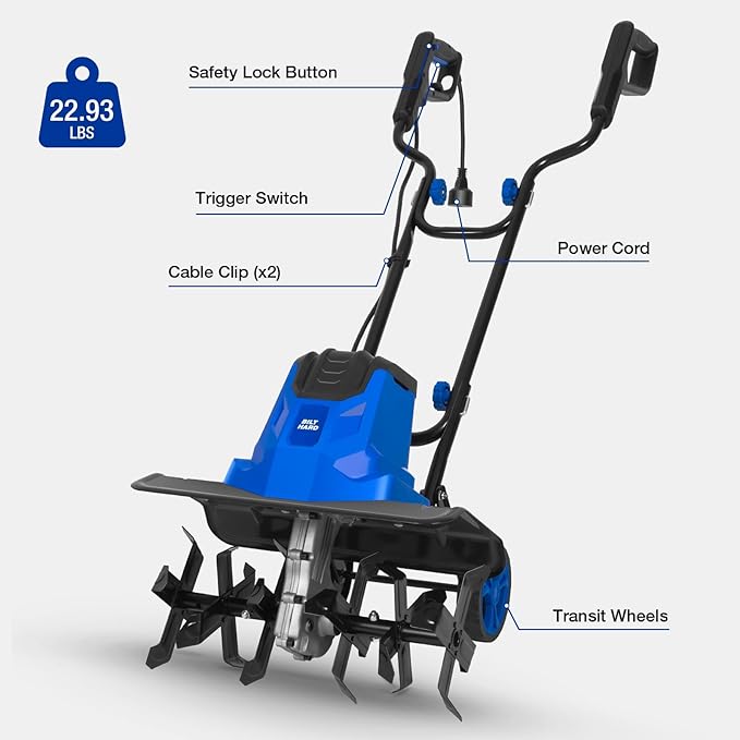 BILT HARD 14-Amp 18-Inch Electric Tiller Cultivator, 8'' Tilling Depth Corded Garden Rototiller, 6 Steel Front Tines Roto Tillers with Adjustable Wheels & Foldable Handle for Garden Lawn Soil Digging