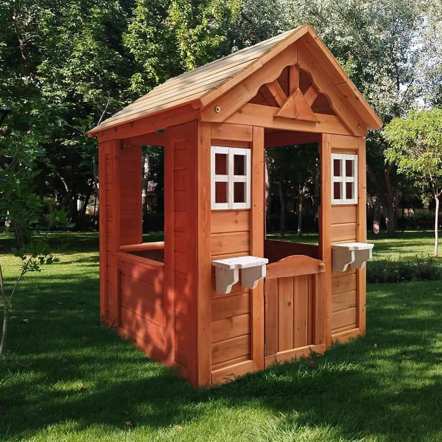 Wooden Outdoor Playhouse With Two Windows & Flowerpot