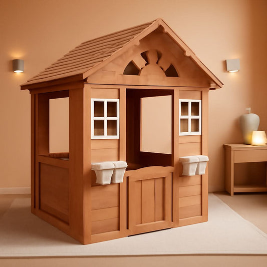 Wooden Outdoor Playhouse With Two Windows & Flowerpot