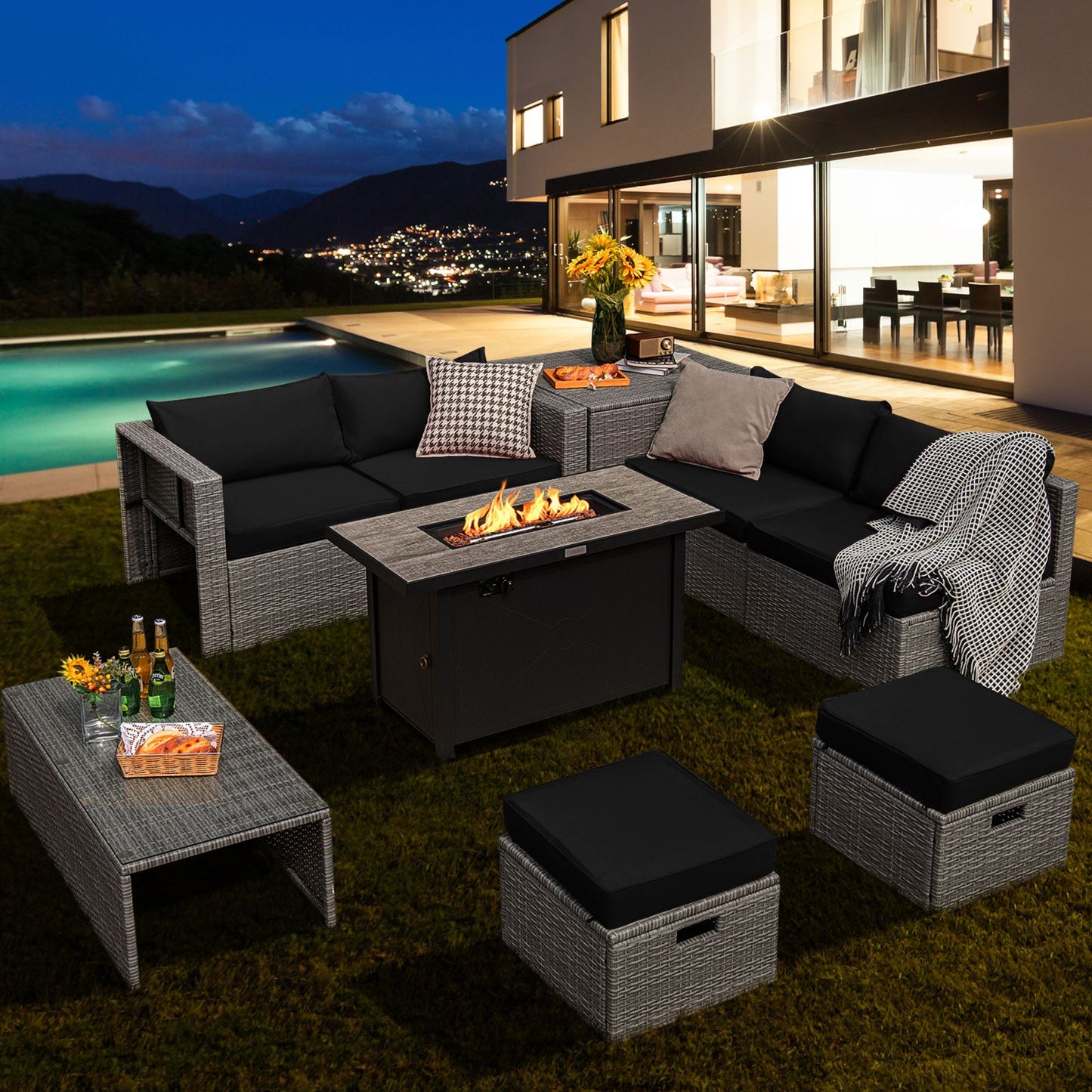 9 Piece Patio Furniture Set with 42" Fire Pit