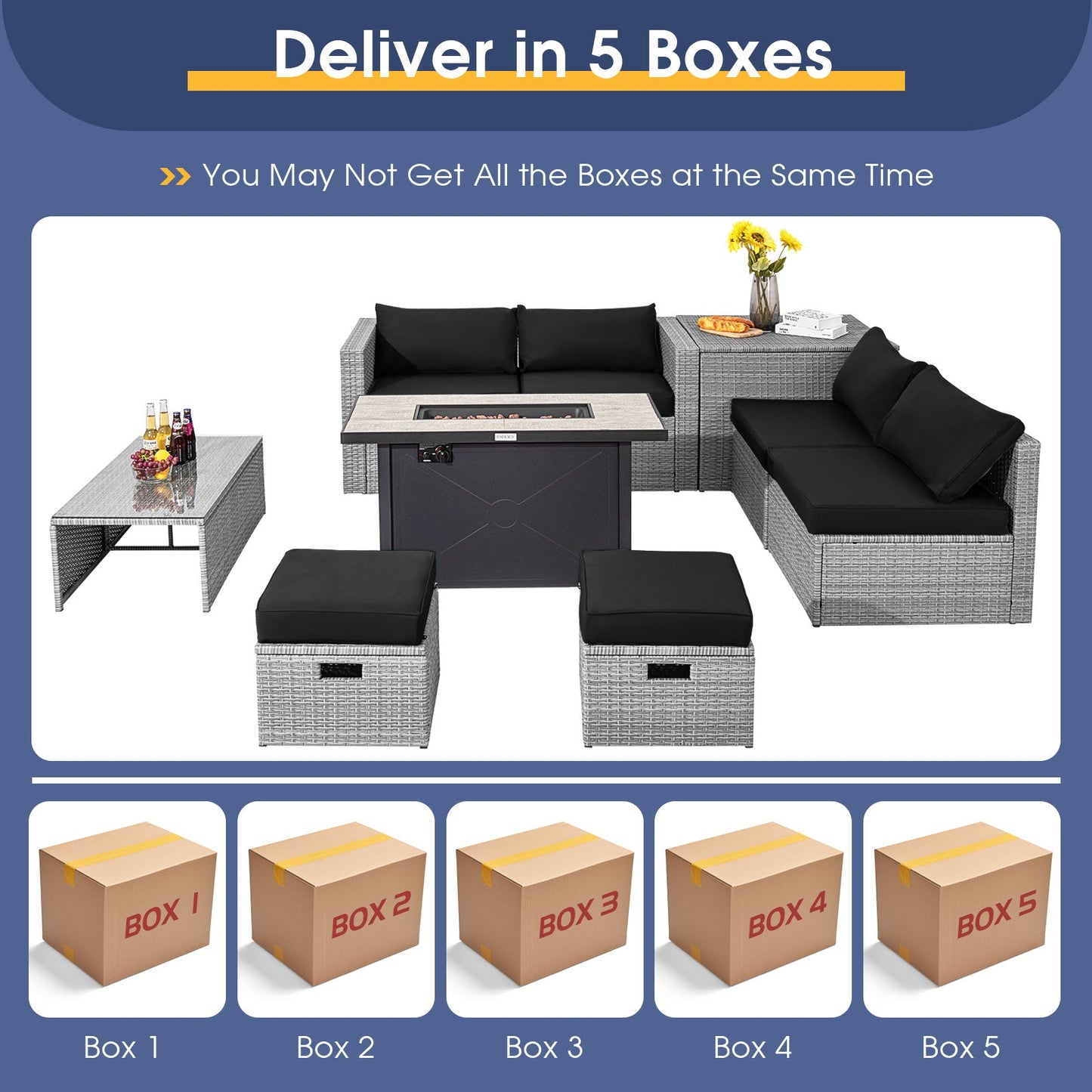 9 Piece Patio Furniture Set with 42" Fire Pit