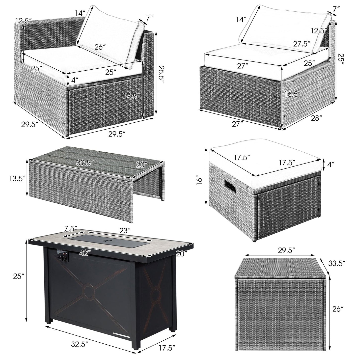 9 Piece Patio Furniture Set with 42" Fire Pit