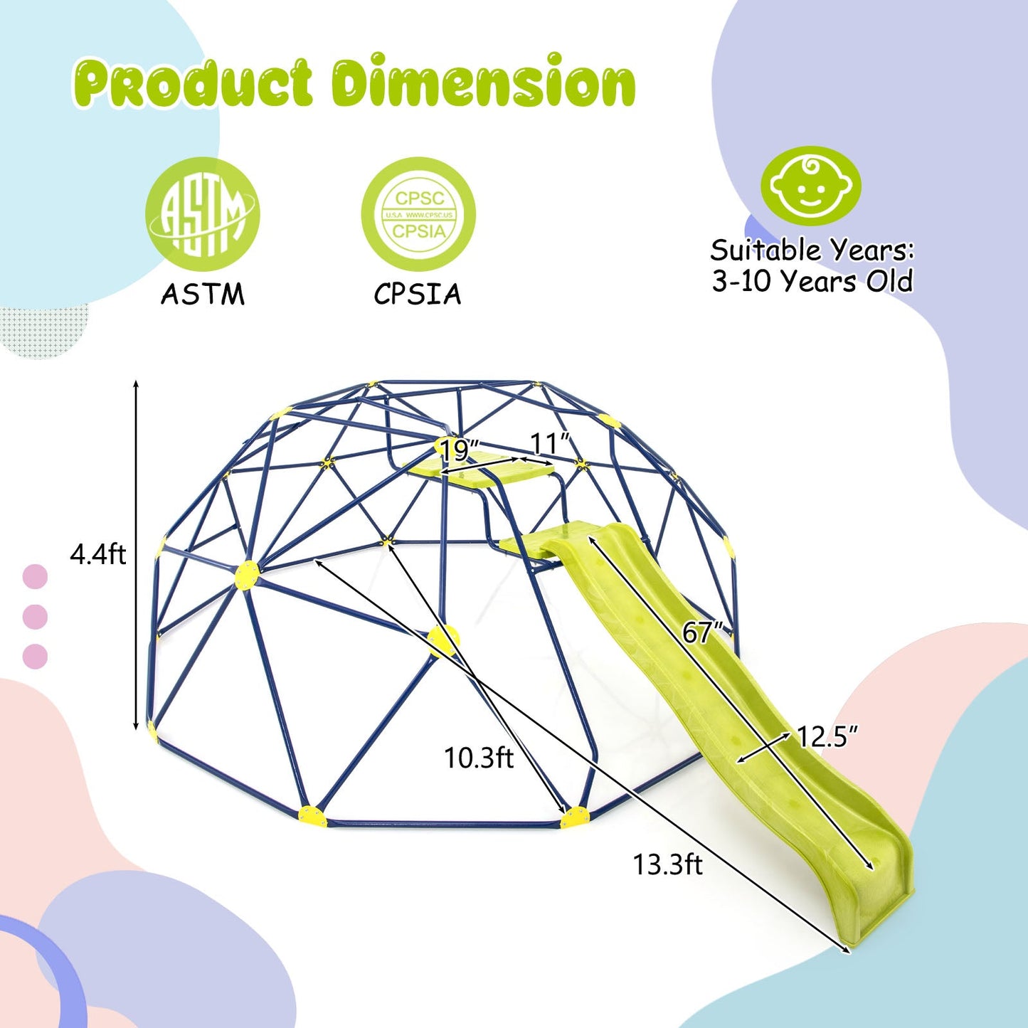 13.3 FT Climbing Dome Geometric Dome Climber with Extended Wavy Slide and 2 Rest Platforms-Multicolor