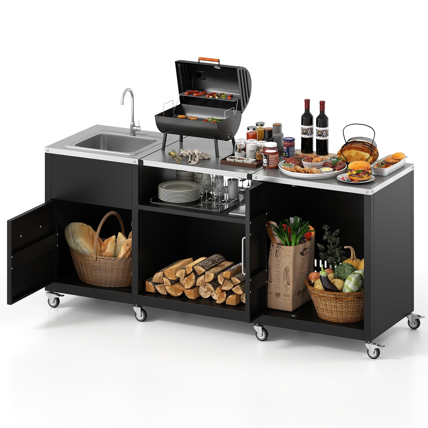 Outdoor Heavy Duty Metal Grill Cart & Table with Sink and Drainage