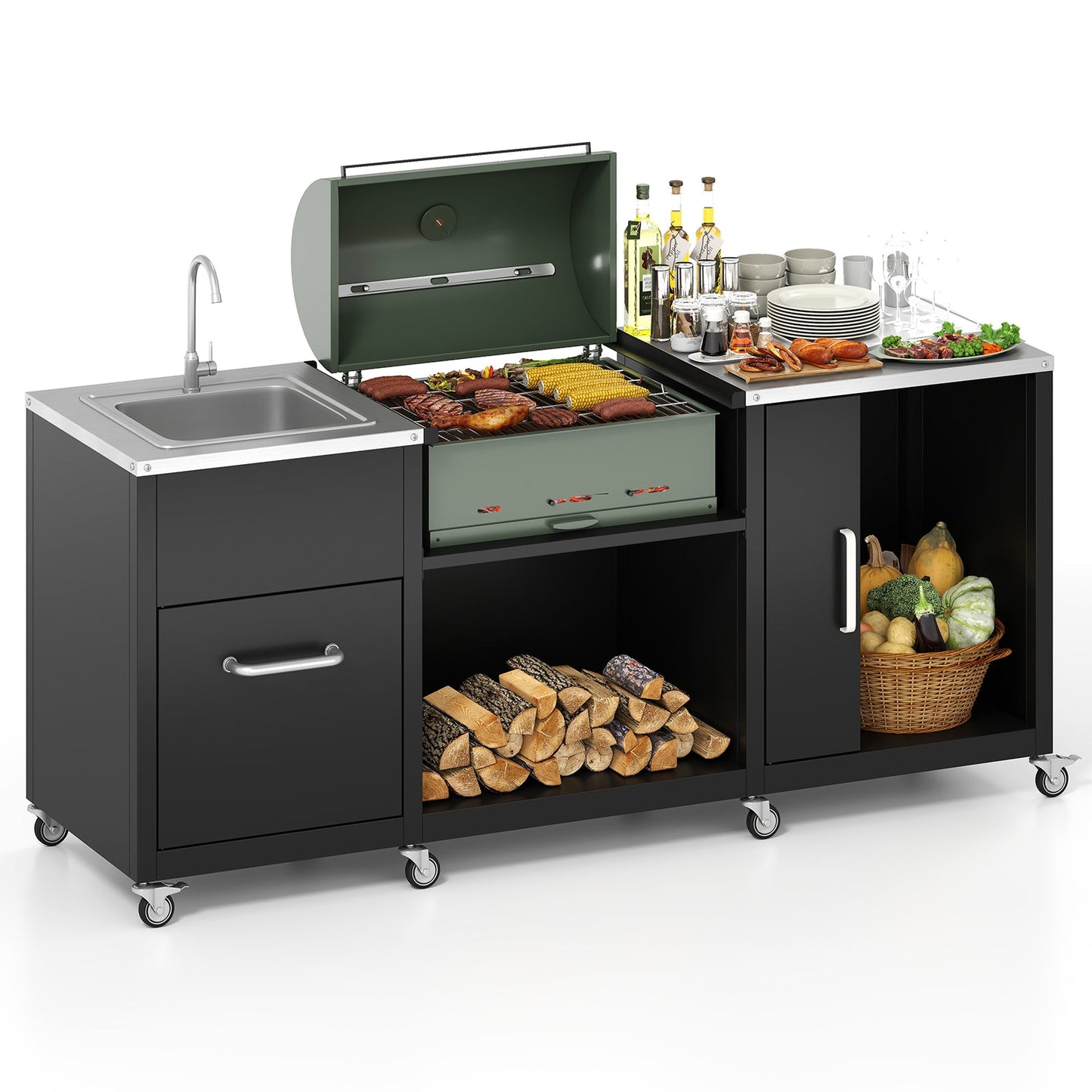 Outdoor Heavy Duty Metal Grill Cart & Table with Sink and Drainage