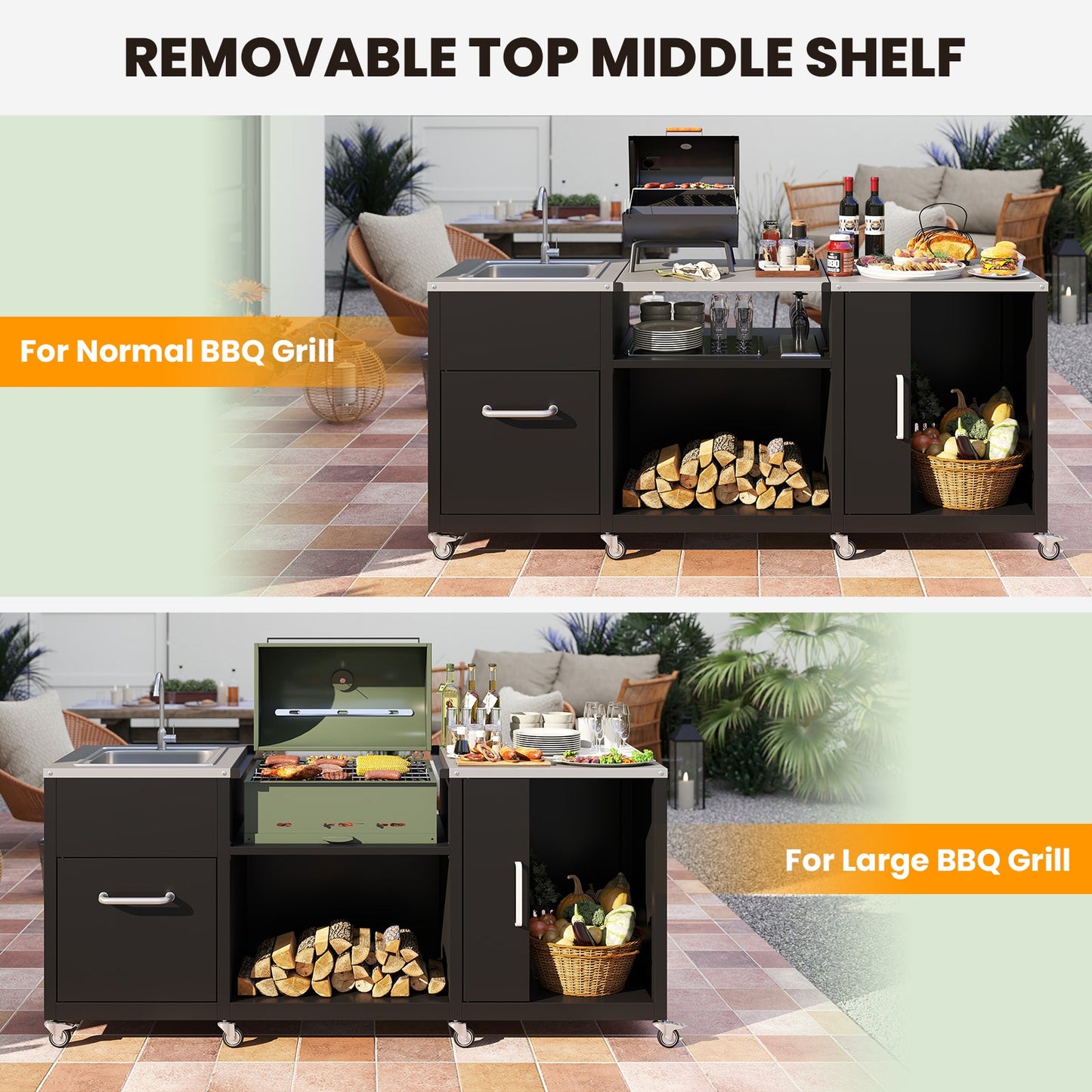 Outdoor Heavy Duty Metal Grill Cart & Table with Sink and Drainage