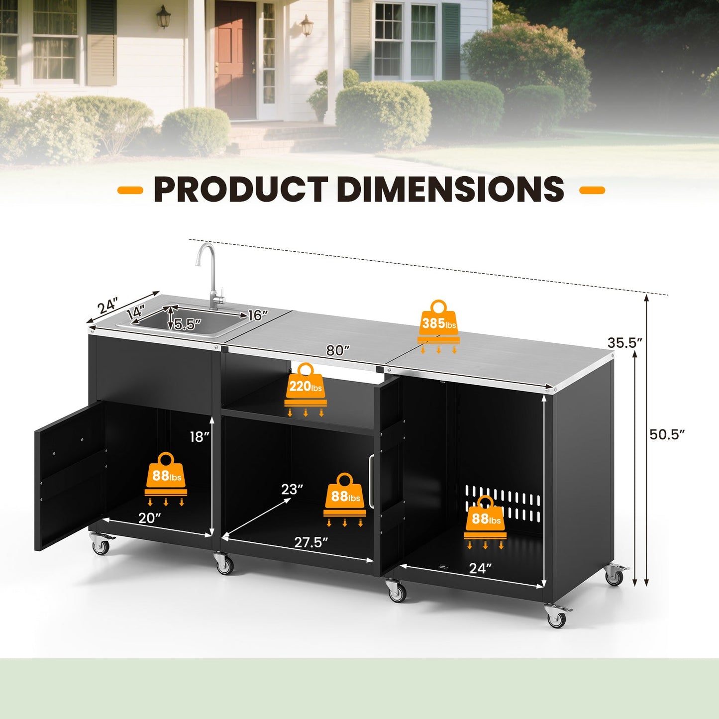 Outdoor Heavy Duty Metal Grill Cart & Table with Sink and Drainage