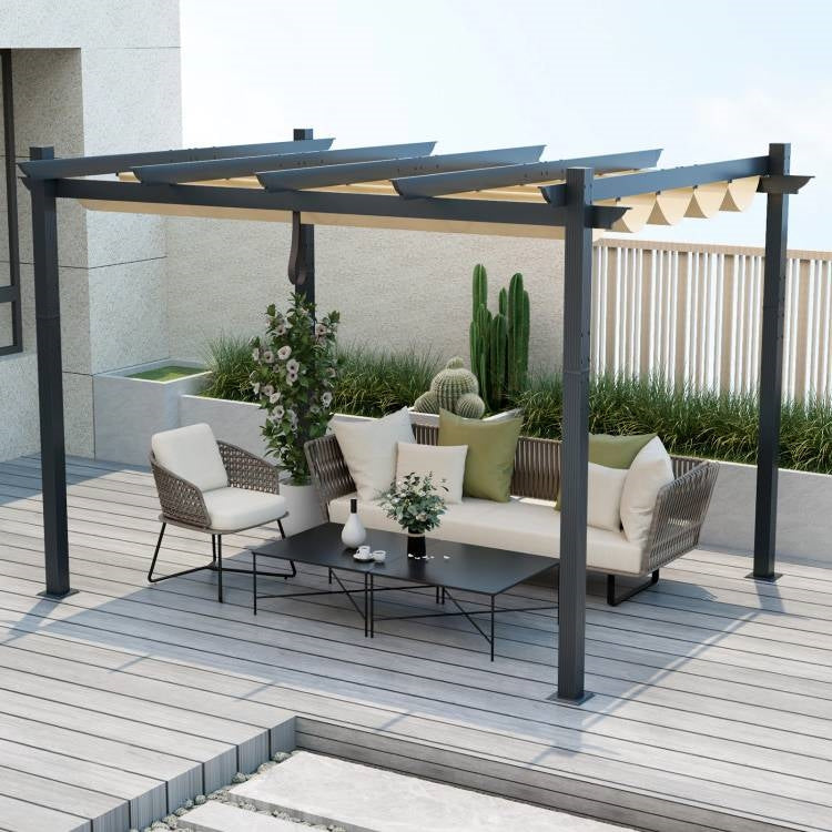 Modern 10 x 12 Ft Outdoor Pergola with Retractable Canopy