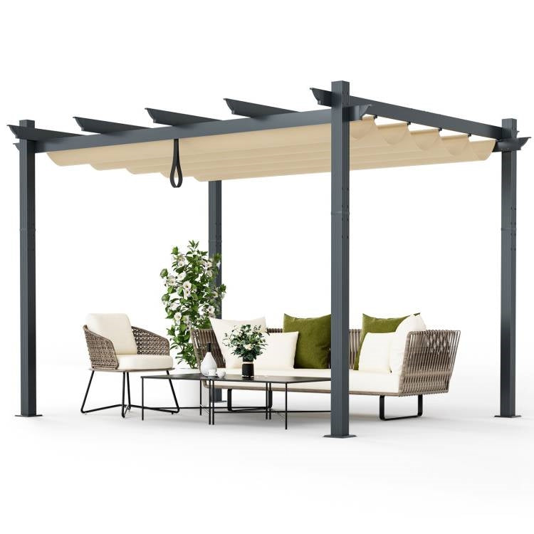 Modern 10 x 12 Ft Outdoor Pergola with Retractable Canopy