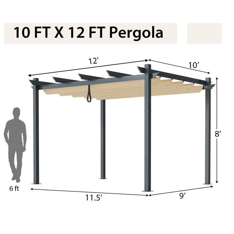 Modern 10 x 12 Ft Outdoor Pergola with Retractable Canopy