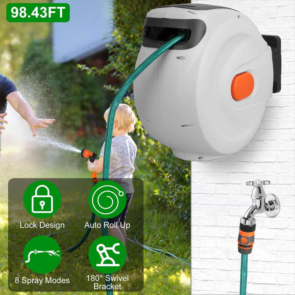 Retractable Garden Hose Reel Wall Mounted Automatic Water Hose Reel with Any Length Lock 8 Pattern Spraying Modes 180¡ Swivel Bracket