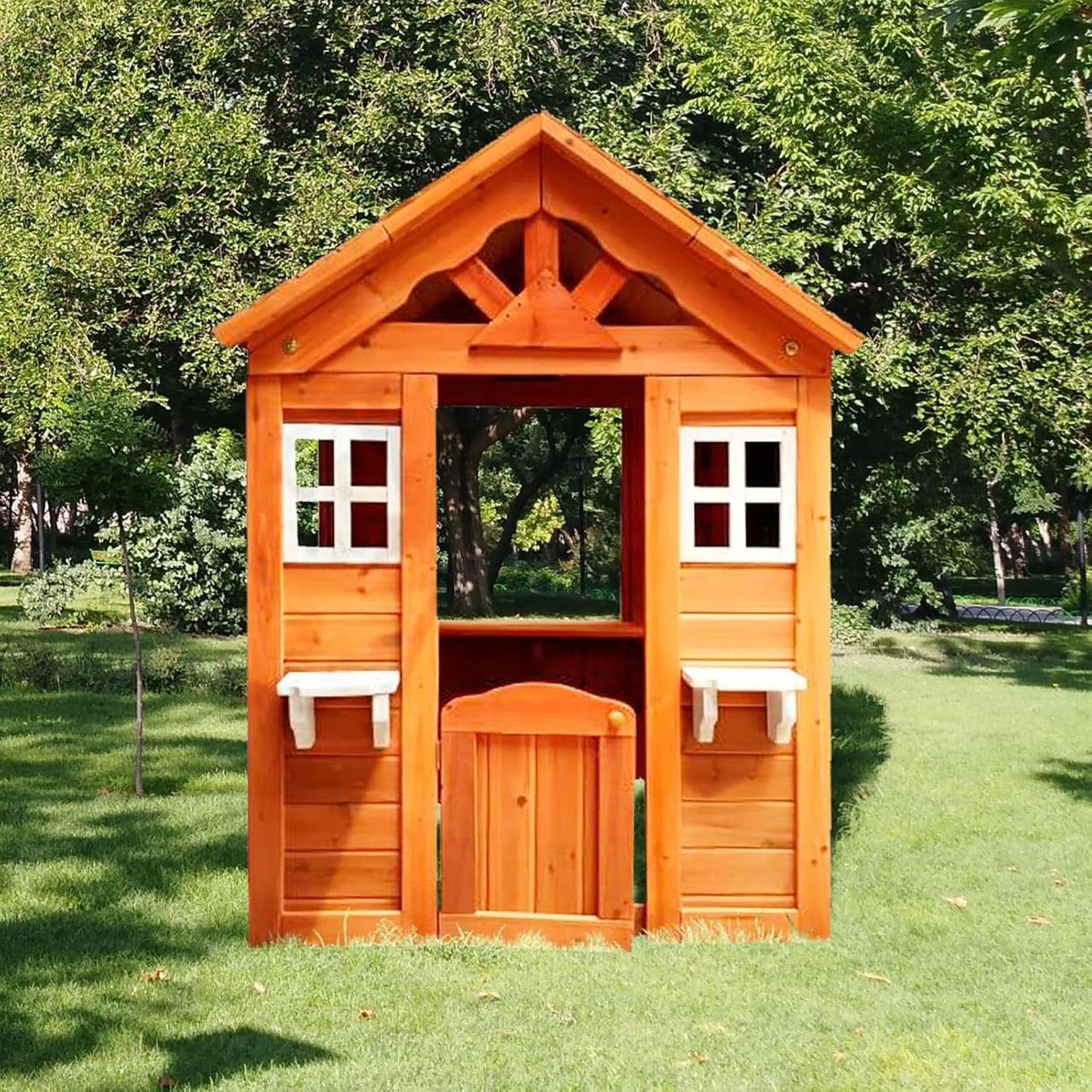 Wooden Outdoor Playhouse With Two Windows & Flowerpot