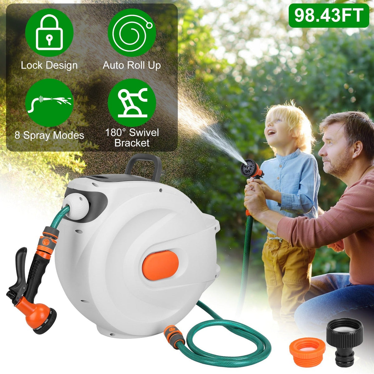 Retractable Garden Hose Reel Wall Mounted Automatic Water Hose Reel with Any Length Lock 8 Pattern Spraying Modes 180¡ Swivel Bracket