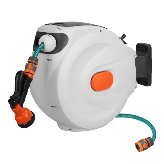 Retractable Garden Hose Reel Wall Mounted Automatic Water Hose Reel with Any Length Lock 8 Pattern Spraying Modes 180¡ Swivel Bracket Backyard Radiance