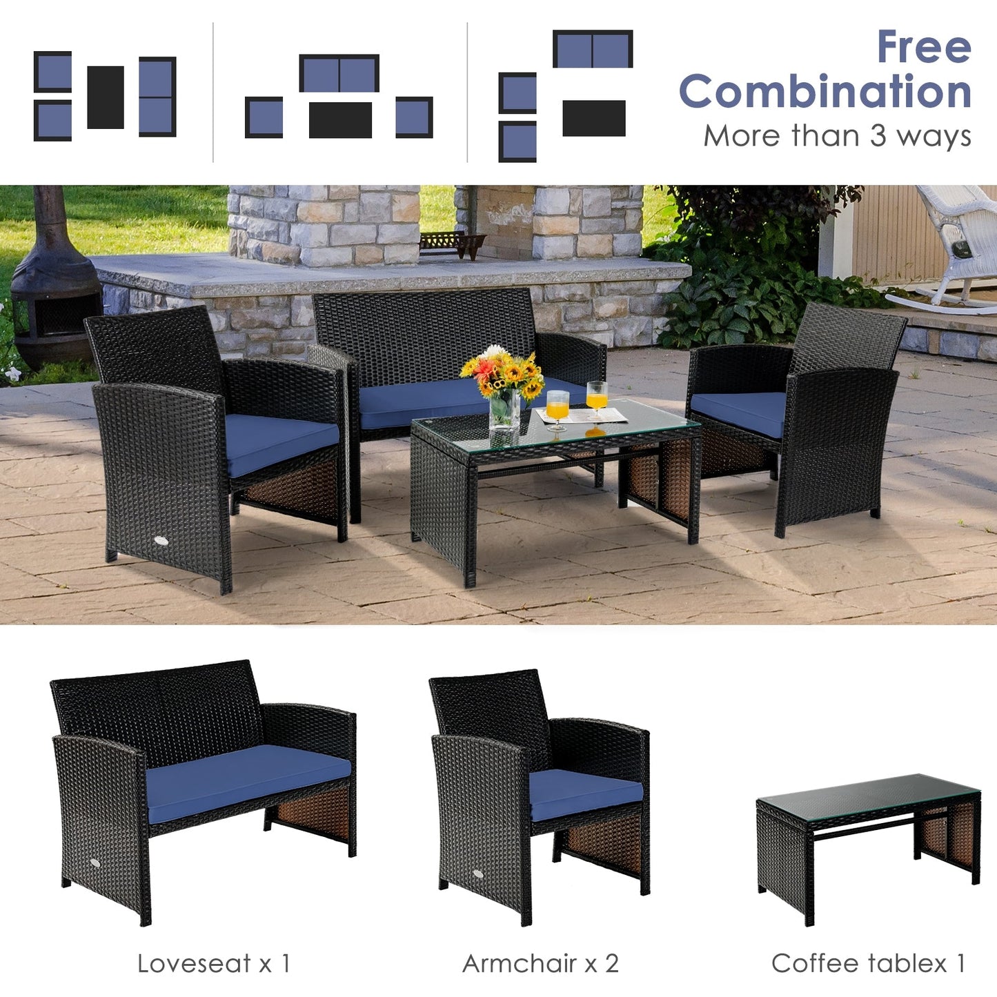 Patio Rattan Cushioned Furniture Set (Four Pieces)