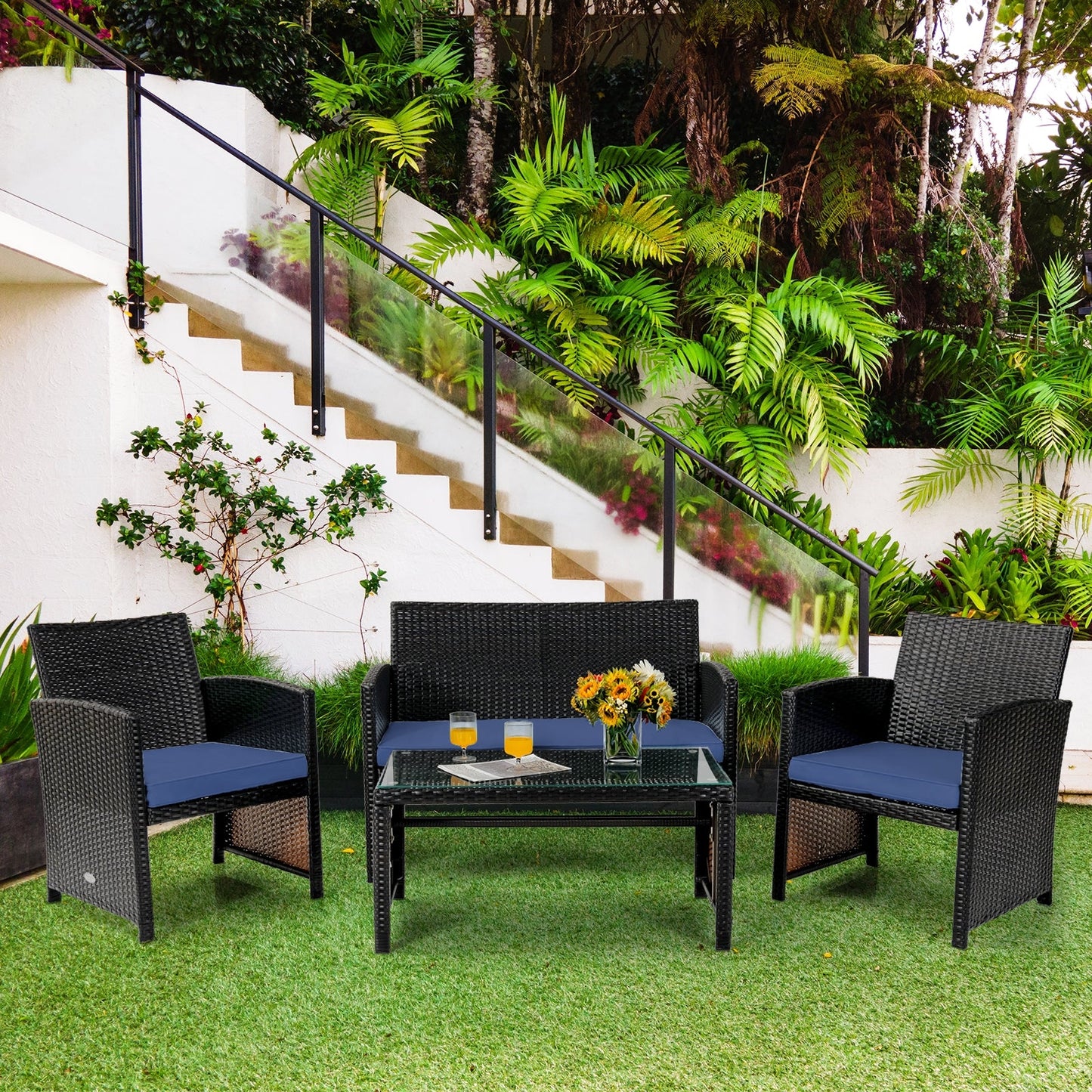 Patio Rattan Cushioned Furniture Set (Four Pieces)
