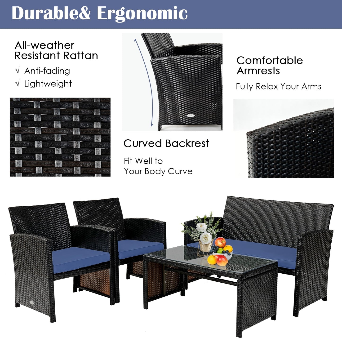 Patio Rattan Cushioned Furniture Set (Four Pieces)
