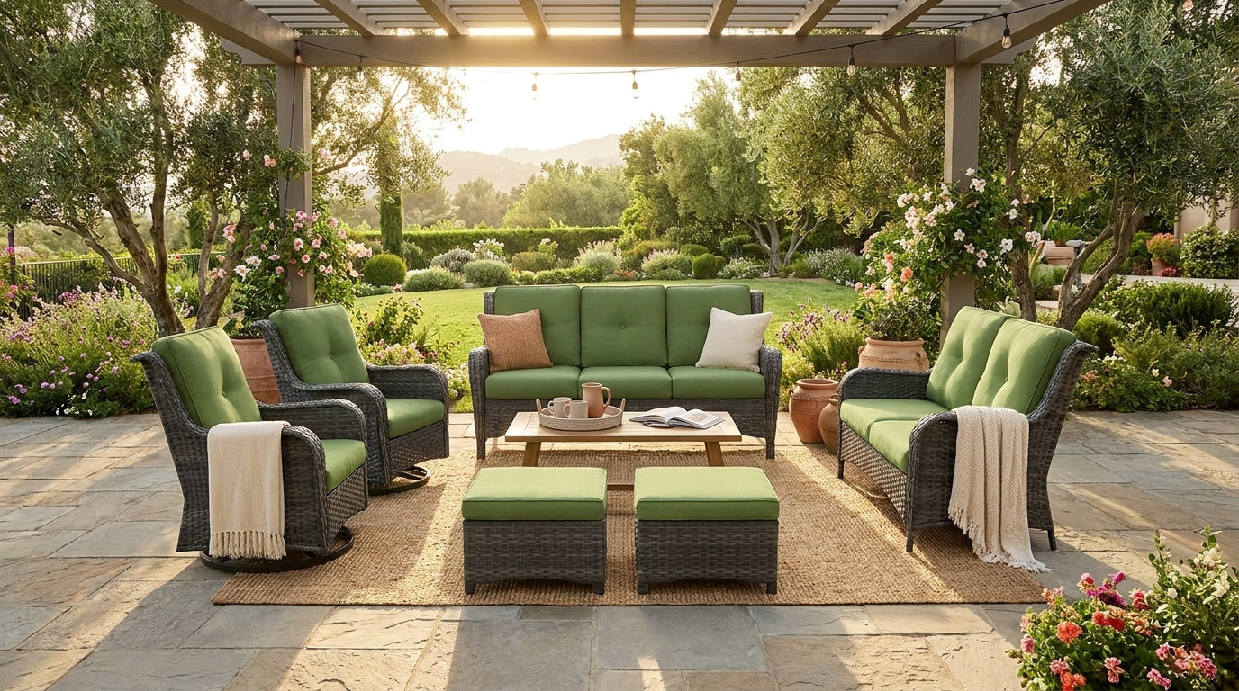 Patio Furniture Set 6-Piece Outdoor Patio Conversation Set with Green Cushions Lawn Furniture — Lifestyle
