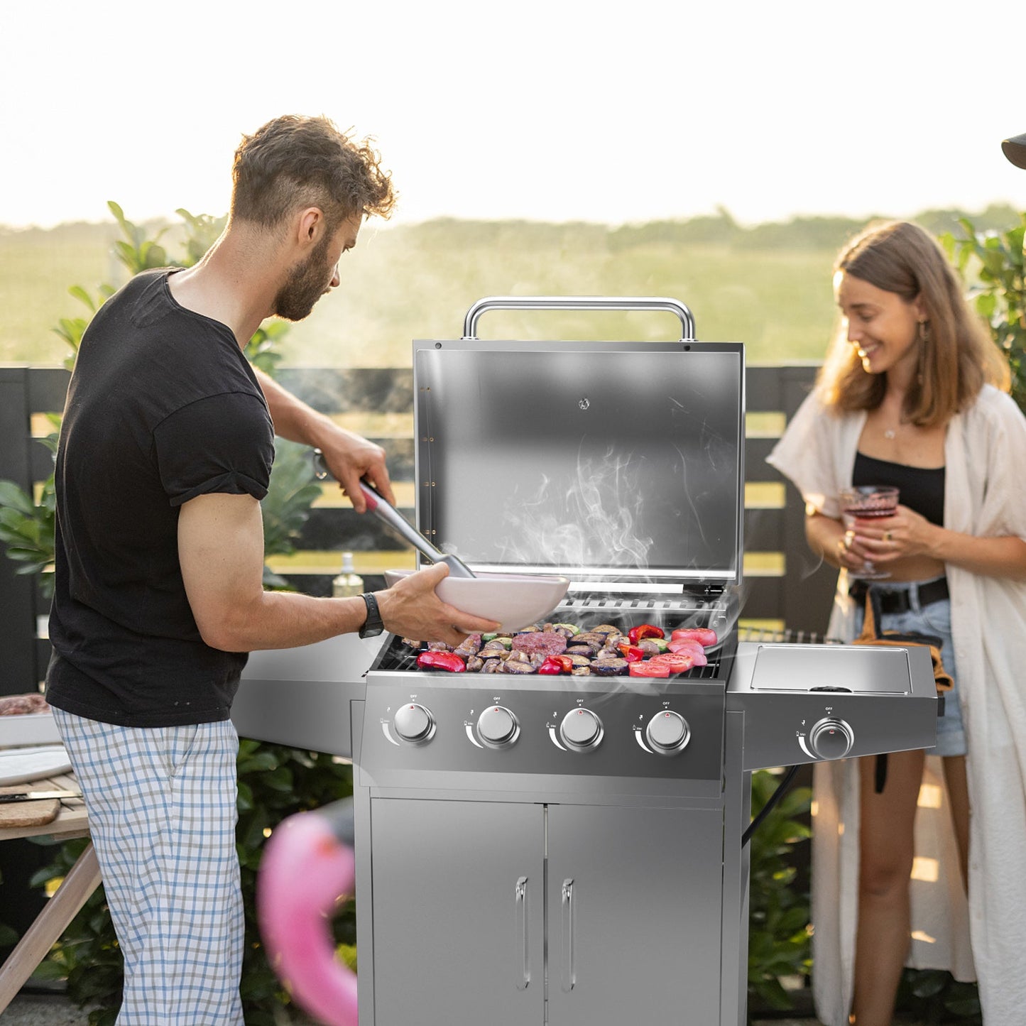 50000BTU 5-Burner Propane Gas Grill with Side Burner and 2 Prep Tables