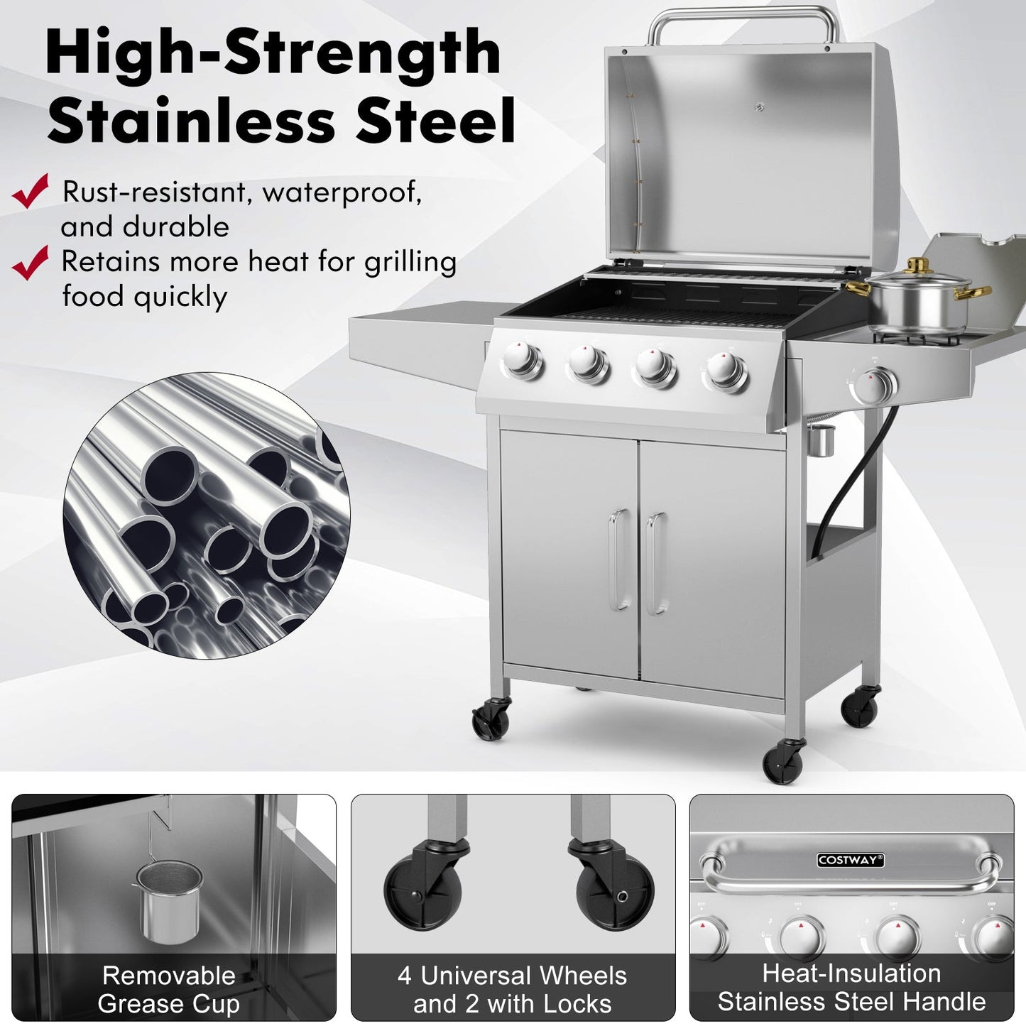 50000BTU 5-Burner Propane Gas Grill with Side Burner and 2 Prep Tables