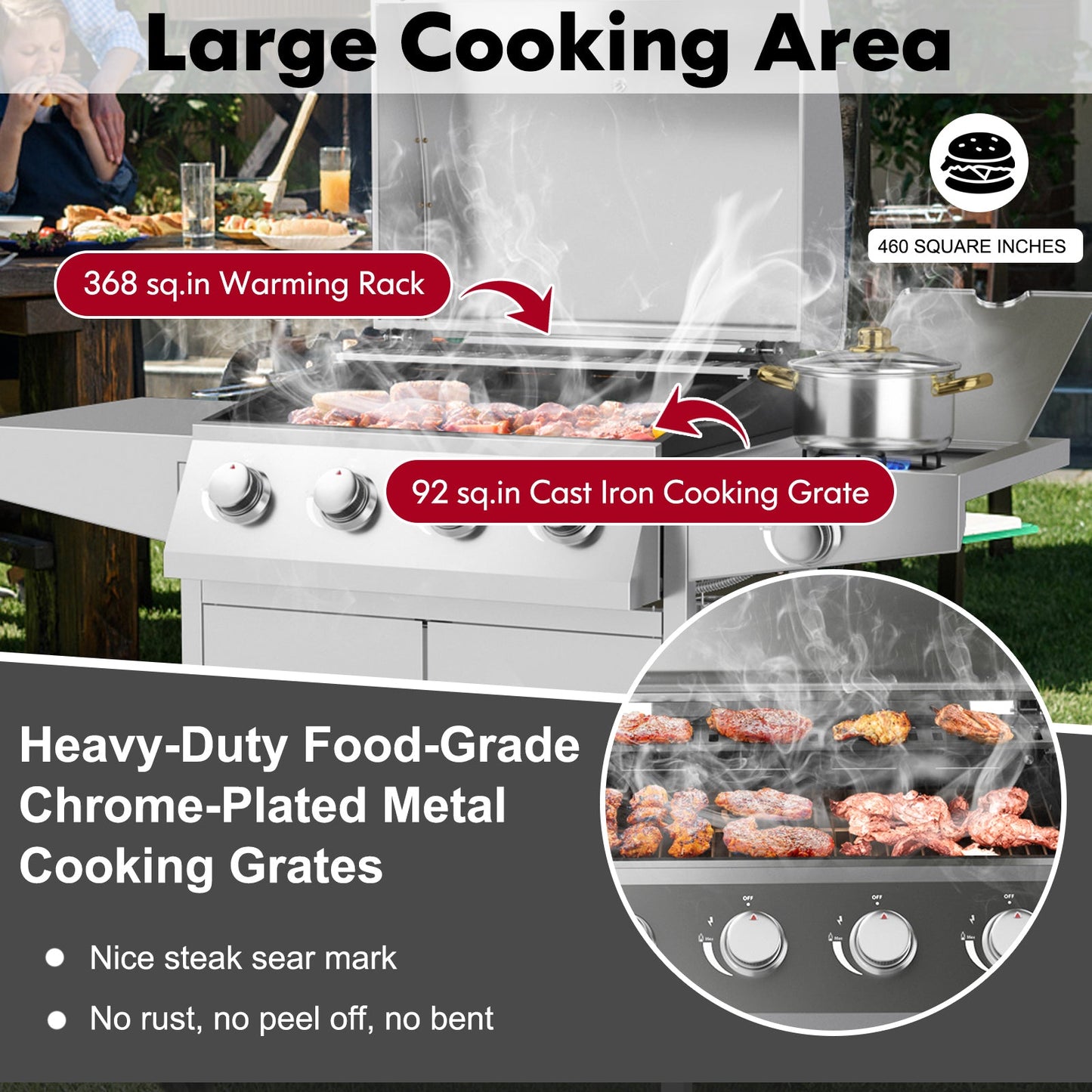 50000BTU 5-Burner Propane Gas Grill with Side Burner and 2 Prep Tables