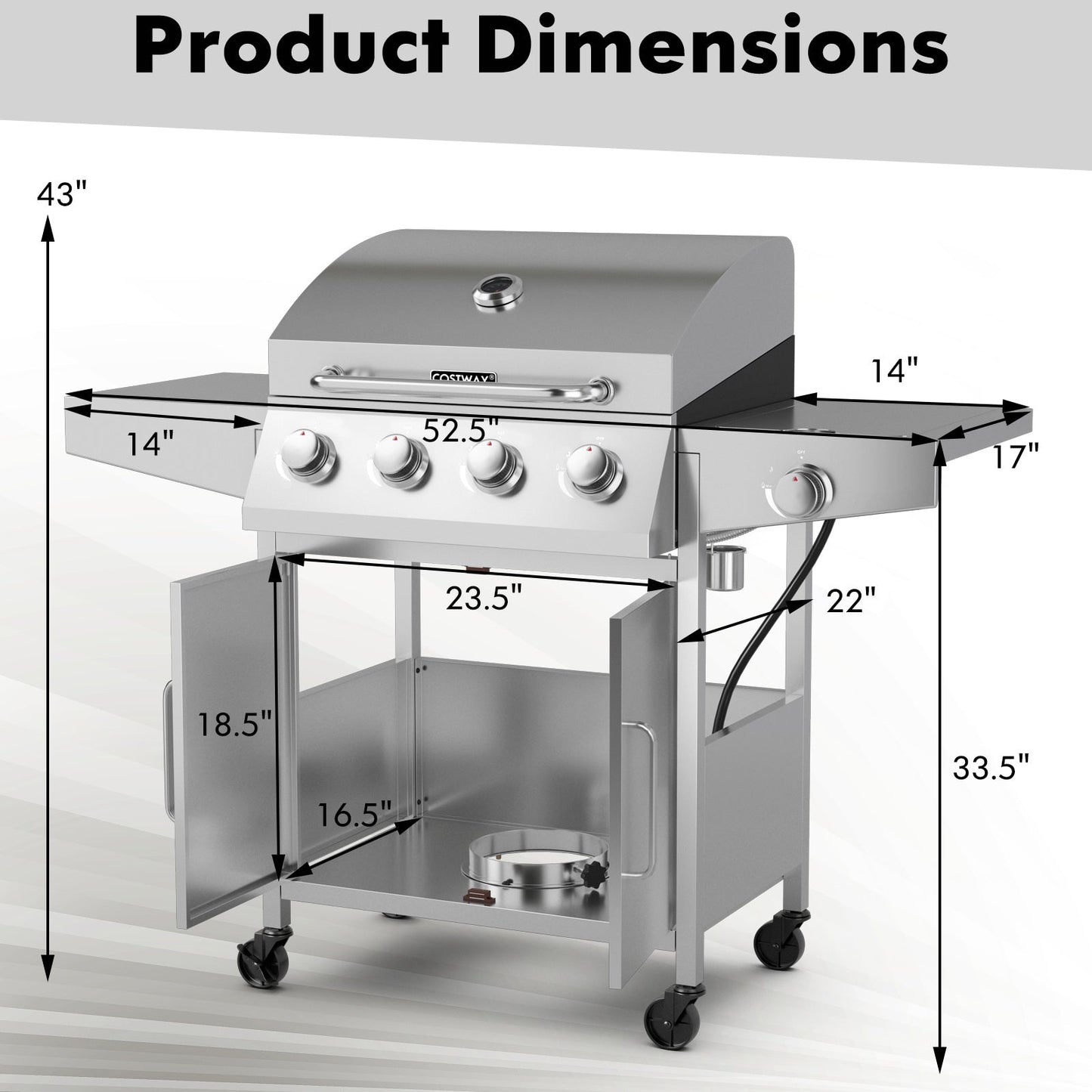 50000BTU 5-Burner Propane Gas Grill with Side Burner and 2 Prep Tables